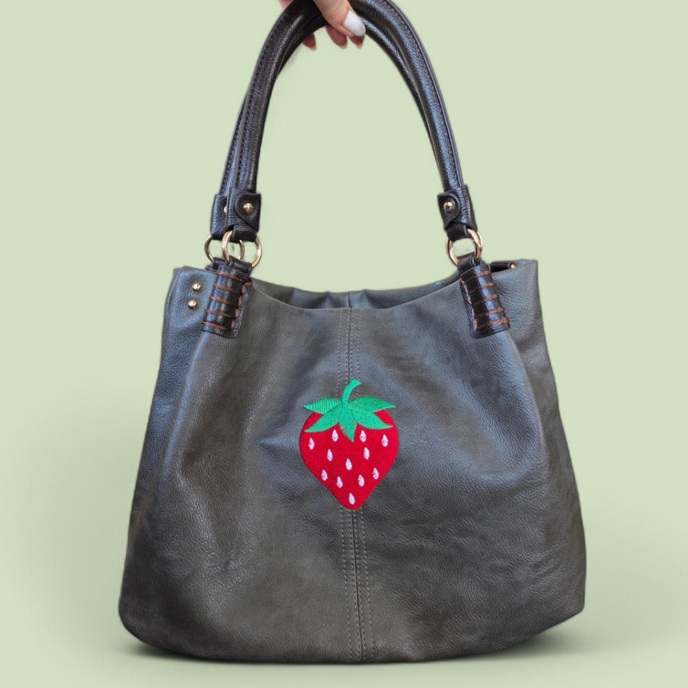 🍓 Gray Faux Leather Tote Bag with Strawberry Print VGUC! 🍓